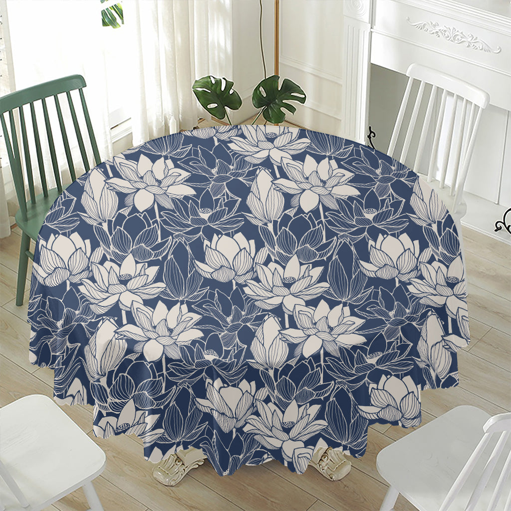 White And Blue Lotus Flower Print Waterproof Round Tablecloth