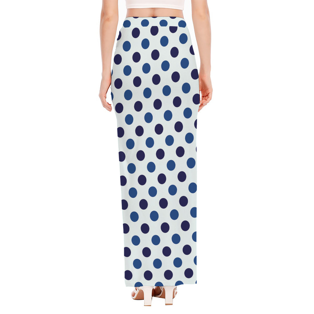 White And Blue Polka Dot Pattern Print High Slit Maxi Skirt