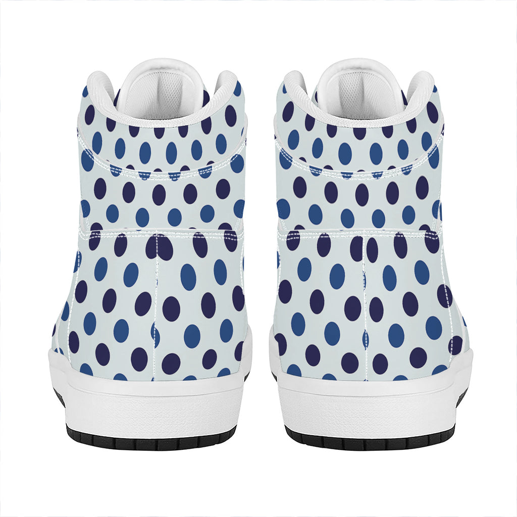 White And Blue Polka Dot Pattern Print High Top Leather Sneakers