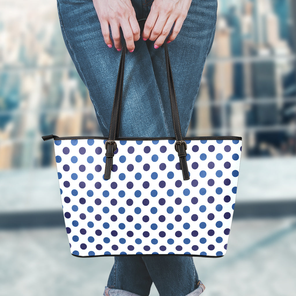 White And Blue Polka Dot Pattern Print Leather Tote Bag