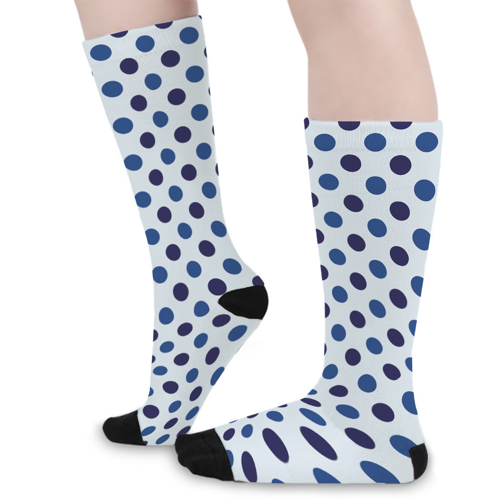 White And Blue Polka Dot Pattern Print Long Socks