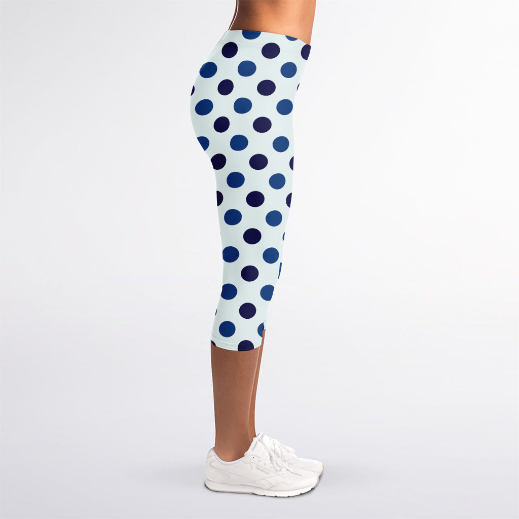White And Blue Polka Dot Pattern Print Women's Capri Leggings
