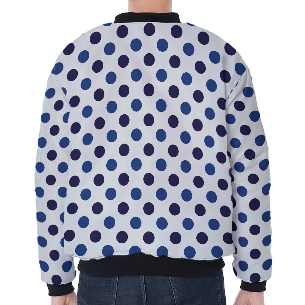 White And Blue Polka Dot Pattern Print Zip Sleeve Bomber Jacket