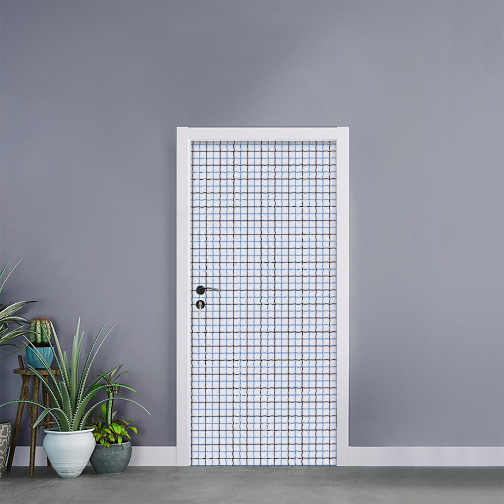 White And Blue Tattersall Pattern Print Door Sticker