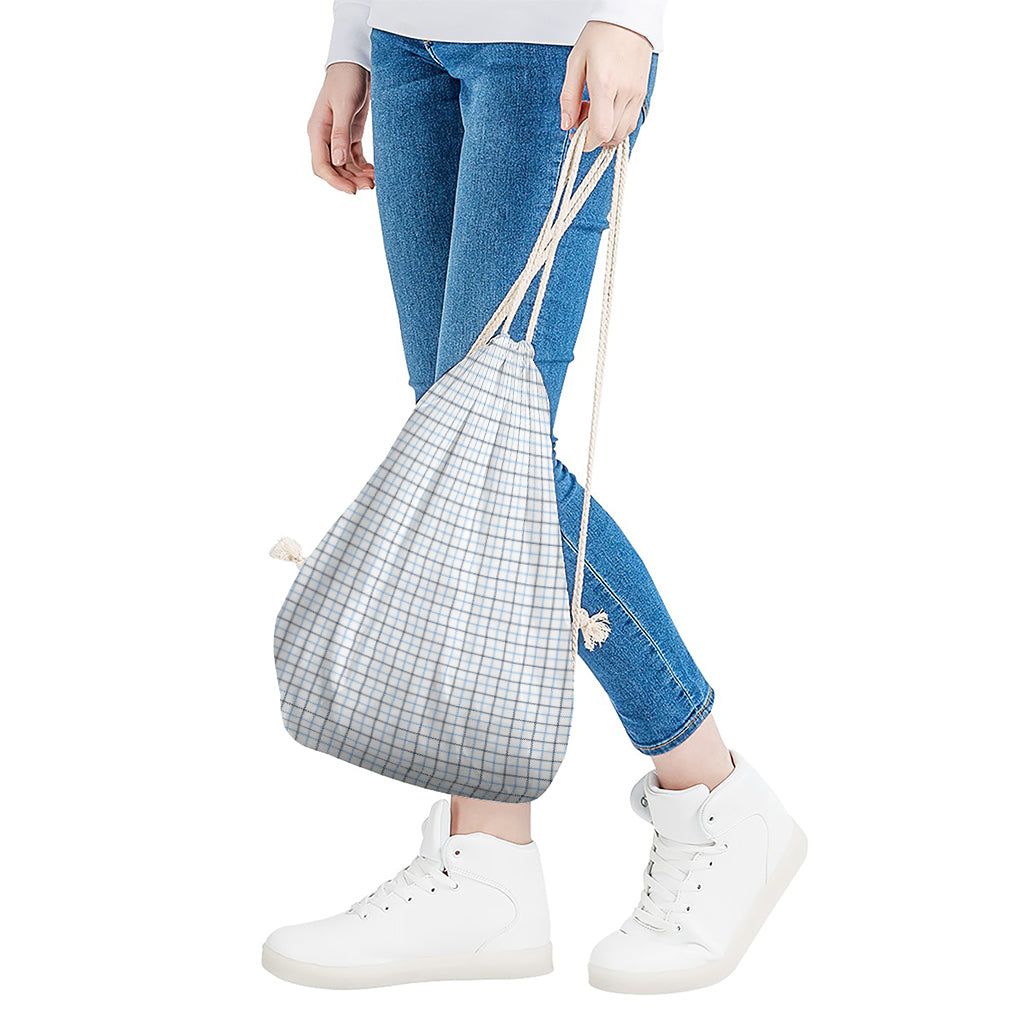 White And Blue Tattersall Pattern Print Drawstring Bag