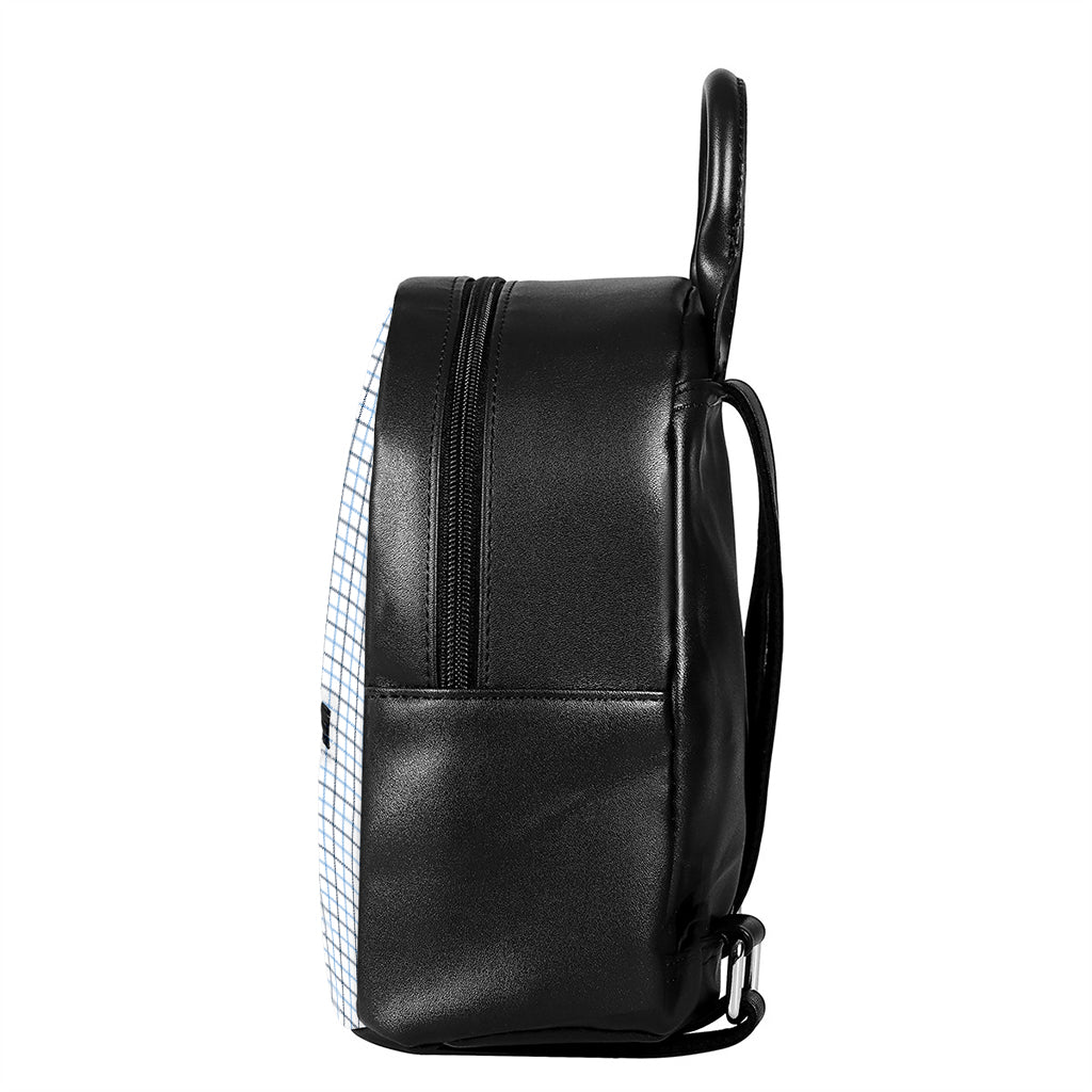 White And Blue Tattersall Pattern Print Leather Backpack