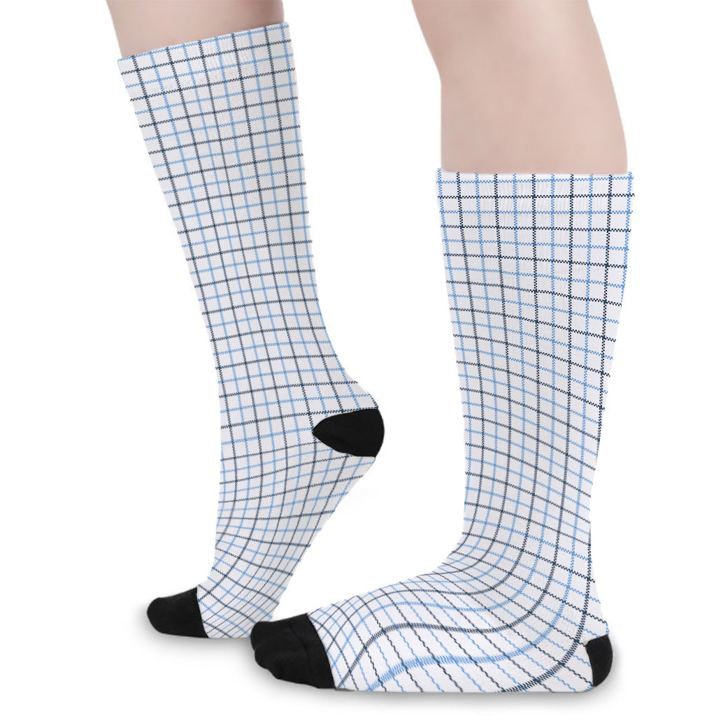 White And Blue Tattersall Pattern Print Long Socks