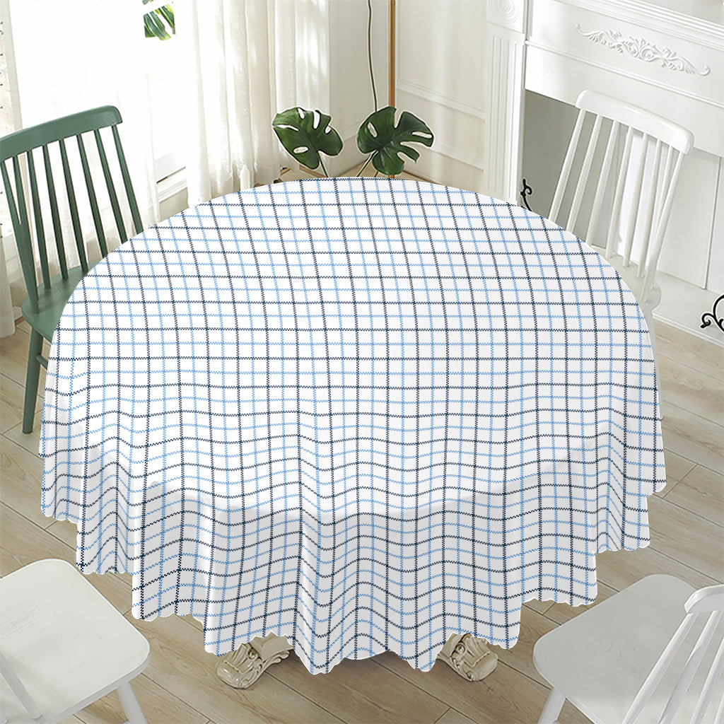 White And Blue Tattersall Pattern Print Waterproof Round Tablecloth