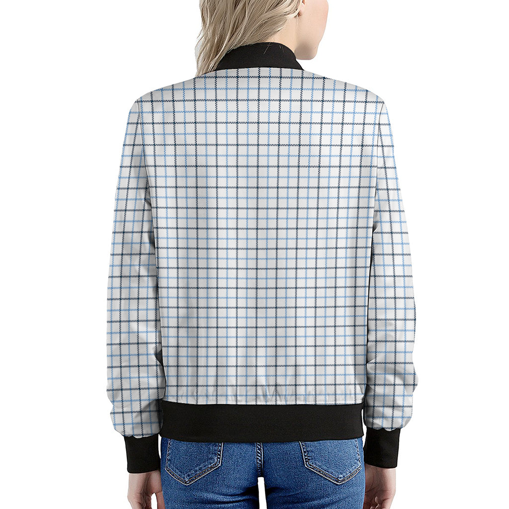 White And Blue Tattersall Pattern Print Women's Bomber Jacket