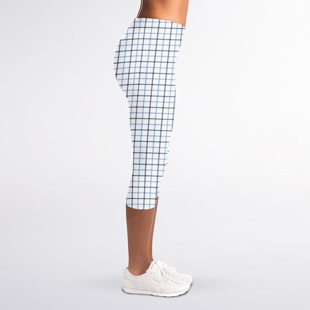 White And Blue Tattersall Pattern Print Women's Capri Leggings