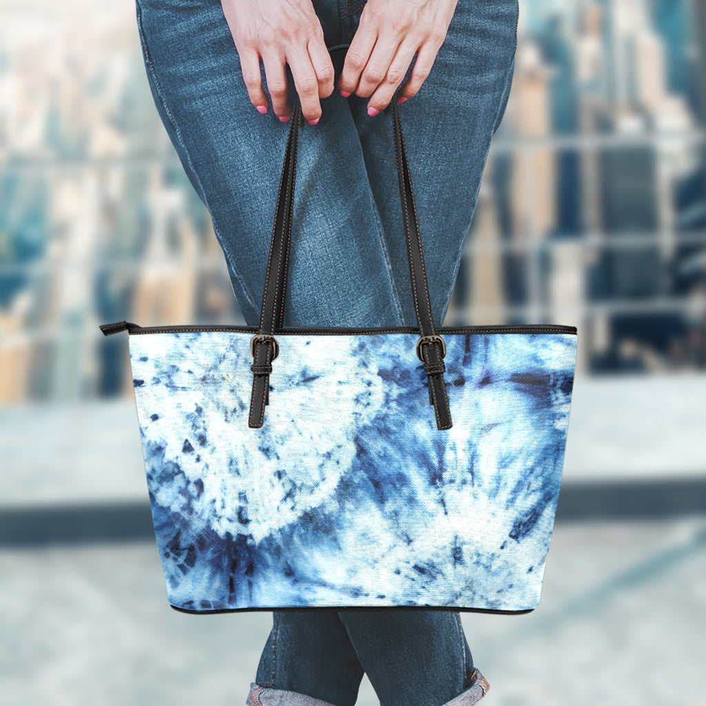 White And Blue Tie Dye Print Leather Tote Bag