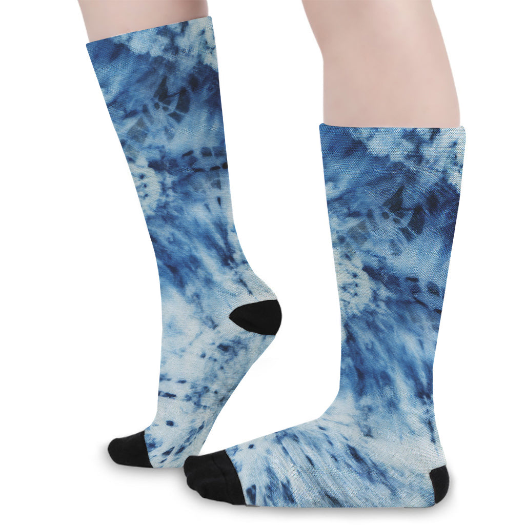 White And Blue Tie Dye Print Long Socks
