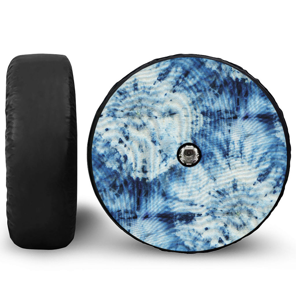 White And Blue Tie Dye Print Tire Cover With Camera Hole
