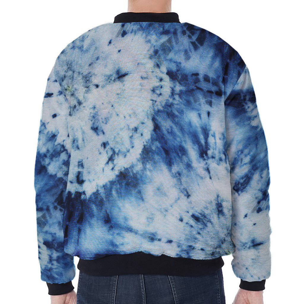 White And Blue Tie Dye Print Zip Sleeve Bomber Jacket