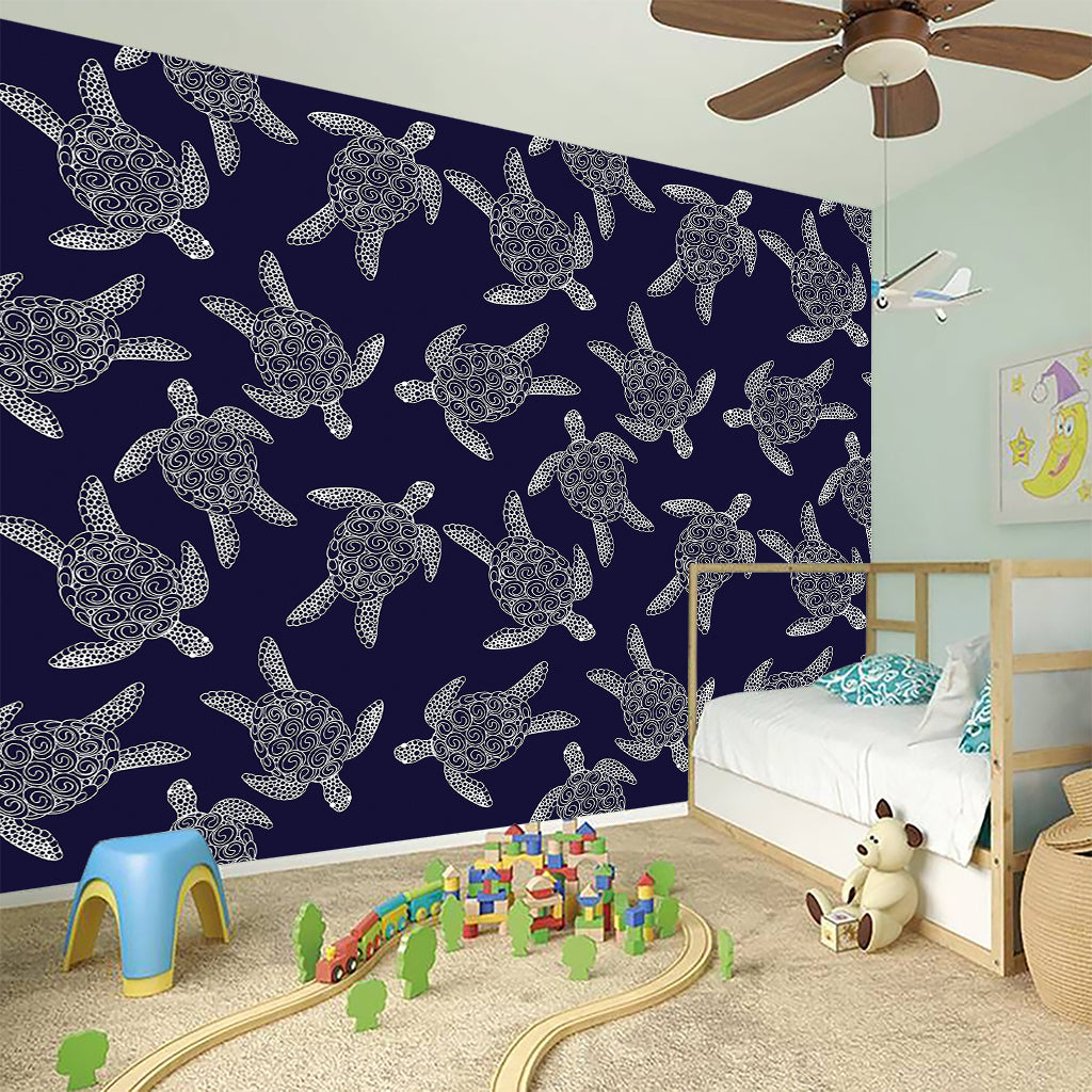 White And Blue Turtle Pattern Print Wall Sticker