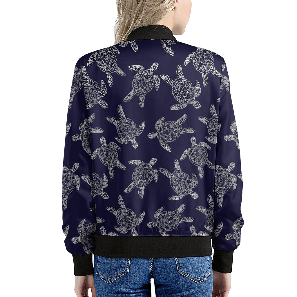 White And Blue Turtle Pattern Print Women's Bomber Jacket