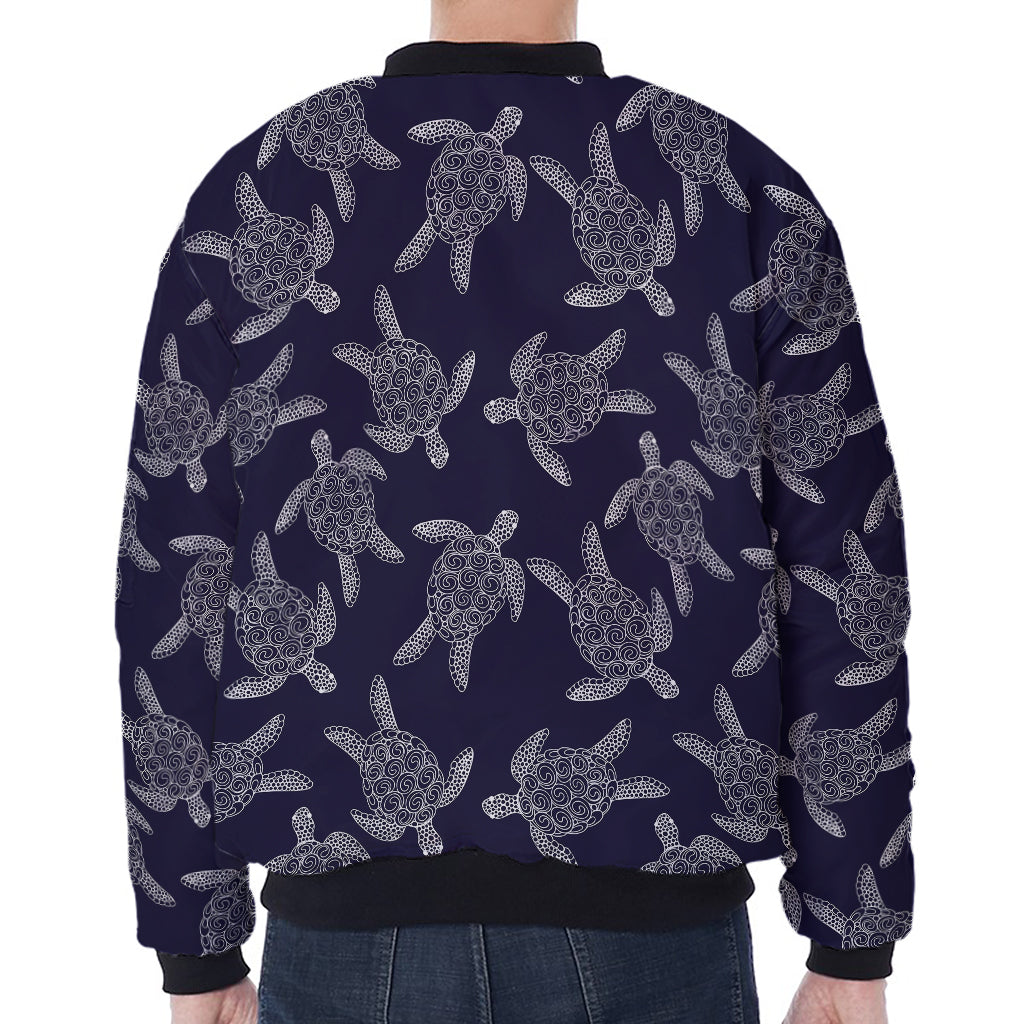 White And Blue Turtle Pattern Print Zip Sleeve Bomber Jacket