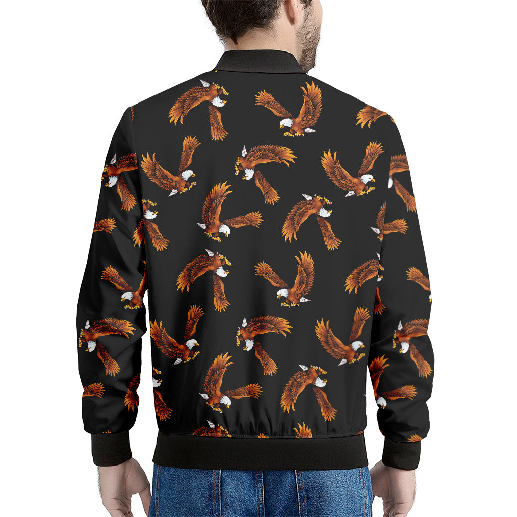White And Brown Eagle Pattern Print Men's Bomber Jacket
