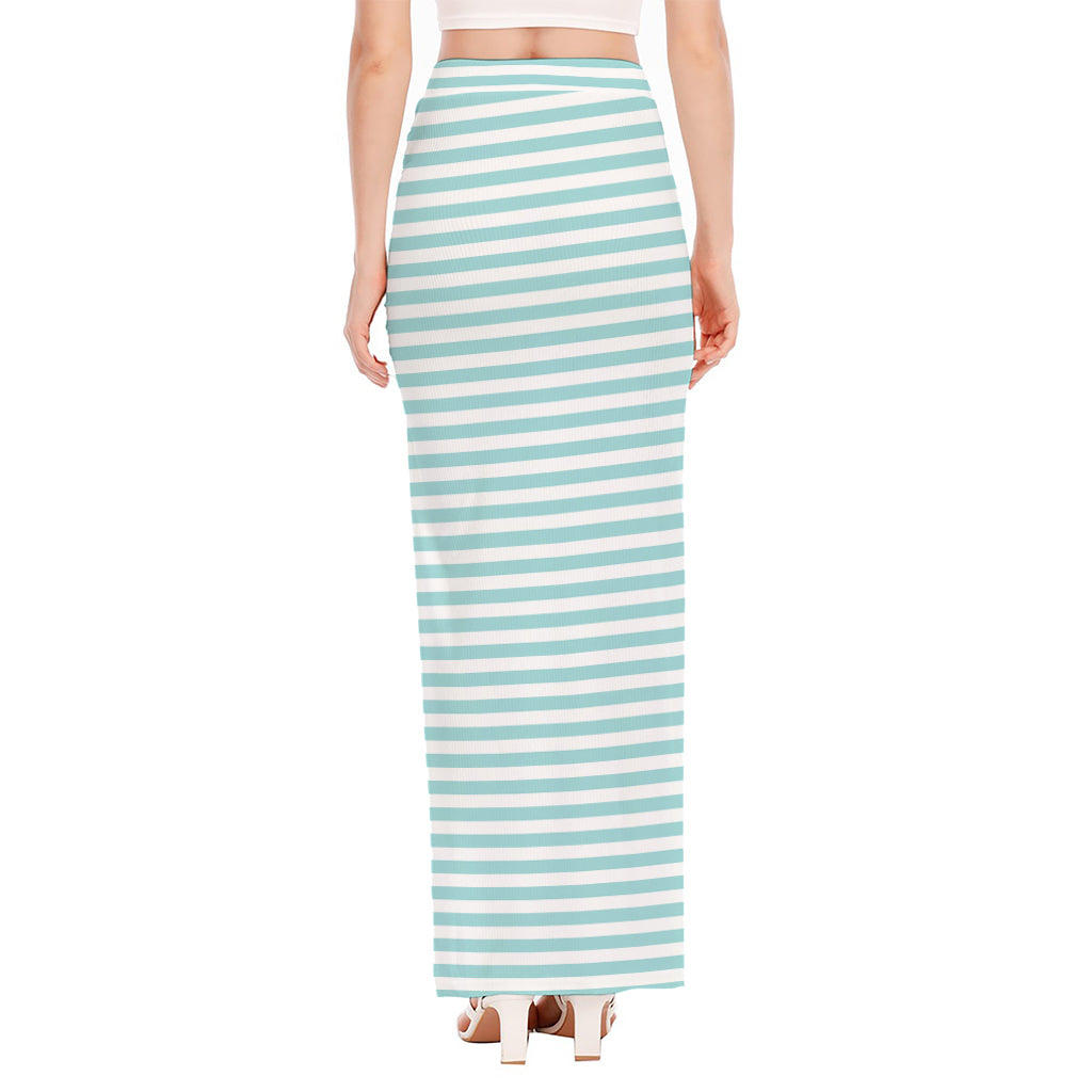 White And Cyan Striped Pattern Print High Slit Maxi Skirt