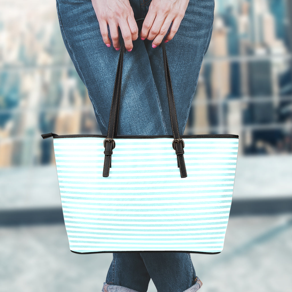 White And Cyan Striped Pattern Print Leather Tote Bag