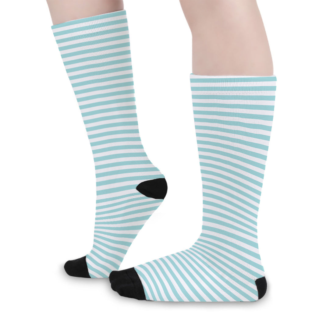 White And Cyan Striped Pattern Print Long Socks