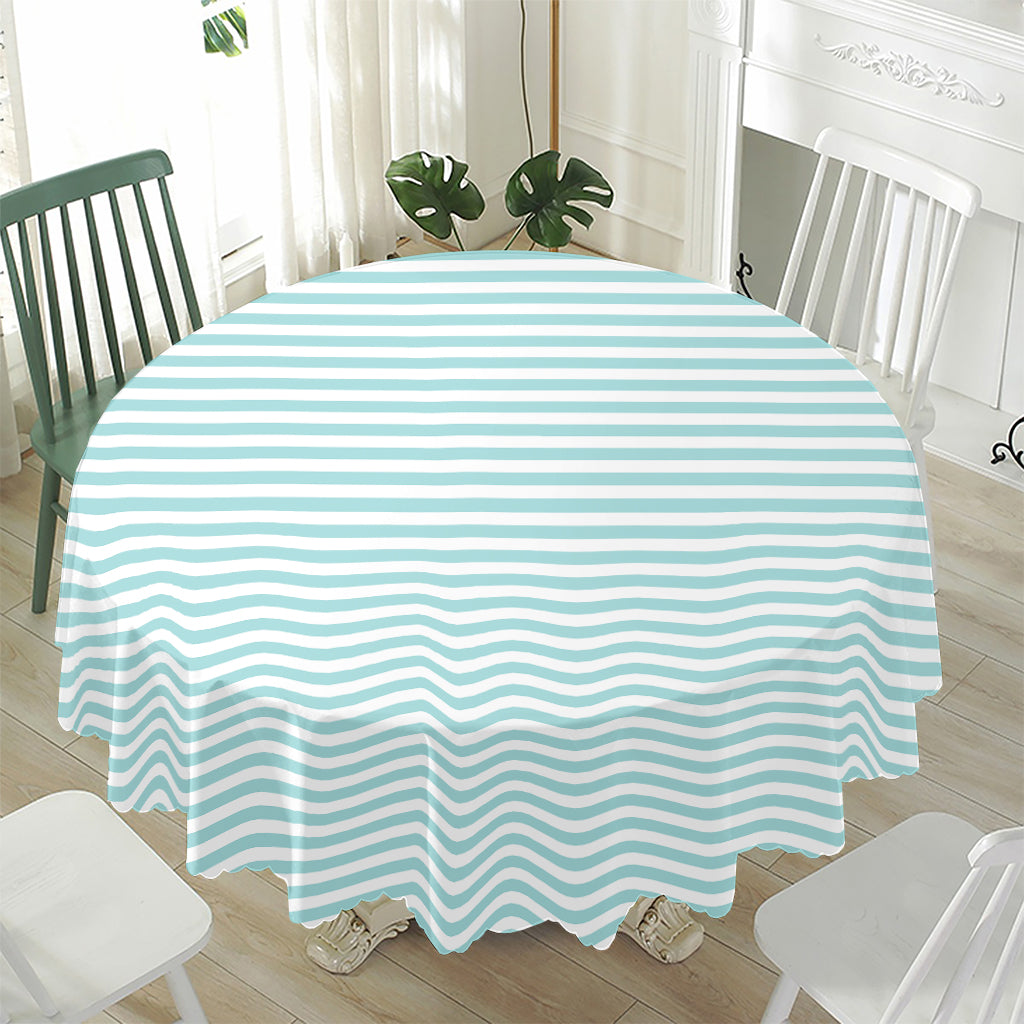 White And Cyan Striped Pattern Print Waterproof Round Tablecloth