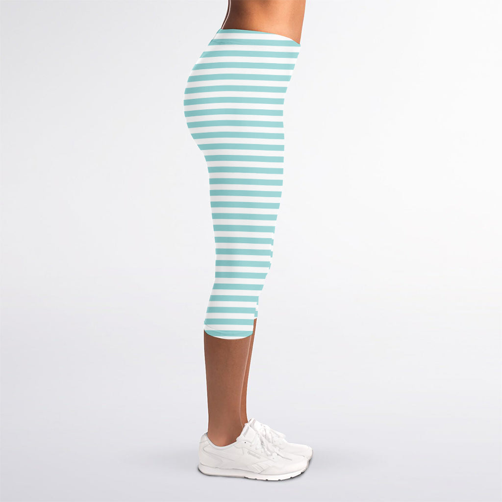 White And Cyan Striped Pattern Print Women's Capri Leggings