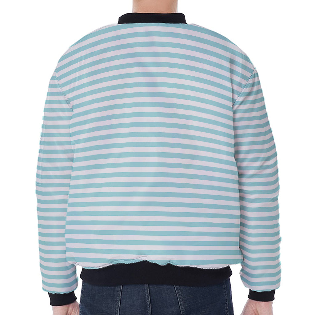 White And Cyan Striped Pattern Print Zip Sleeve Bomber Jacket