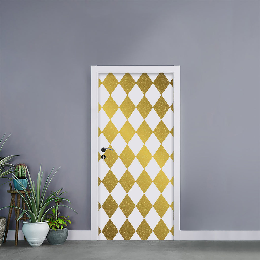 White And Gold Harlequin Pattern Print Door Sticker