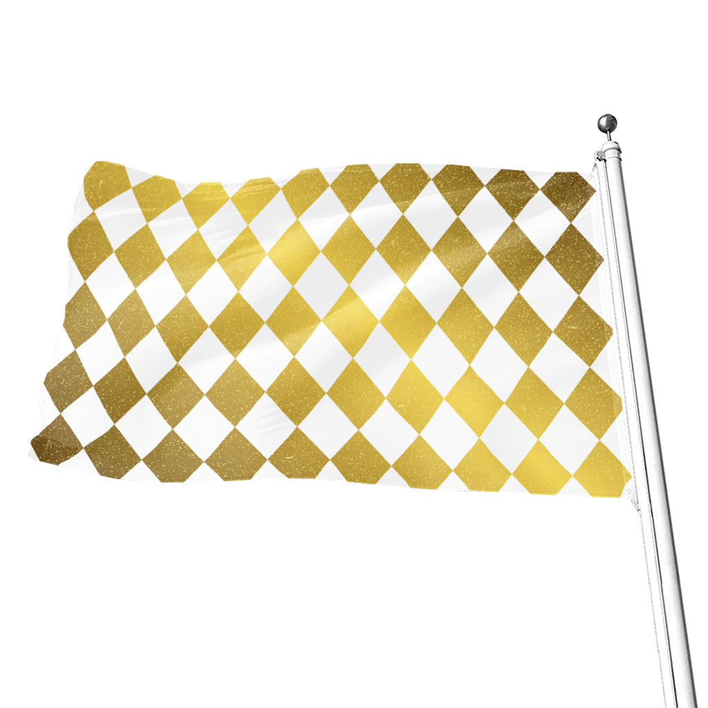 White And Gold Harlequin Pattern Print Flag
