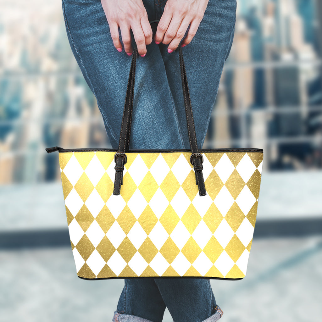 White And Gold Harlequin Pattern Print Leather Tote Bag
