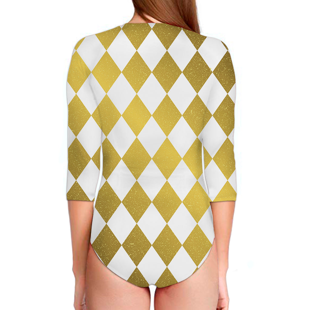 White And Gold Harlequin Pattern Print Long Sleeve Swimsuit