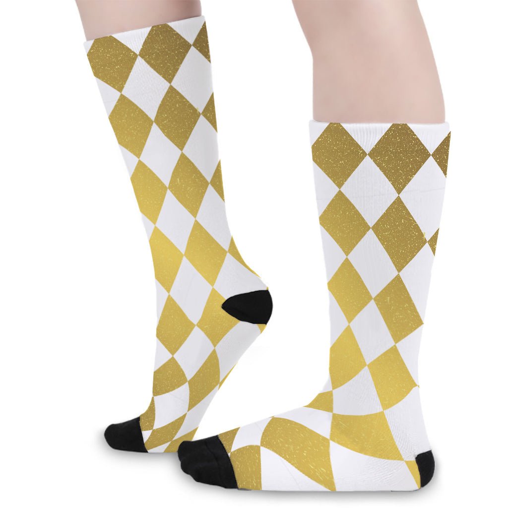White And Gold Harlequin Pattern Print Long Socks