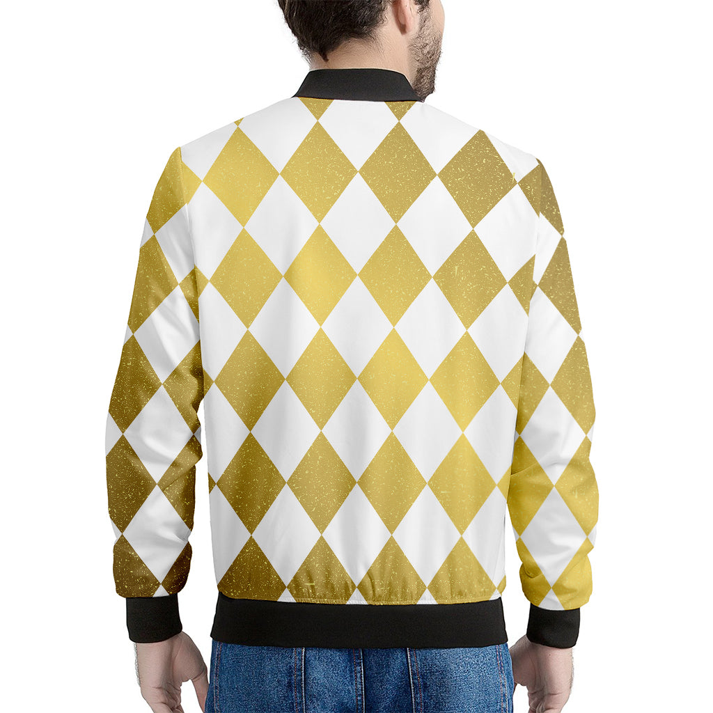 White And Gold Harlequin Pattern Print Men's Bomber Jacket