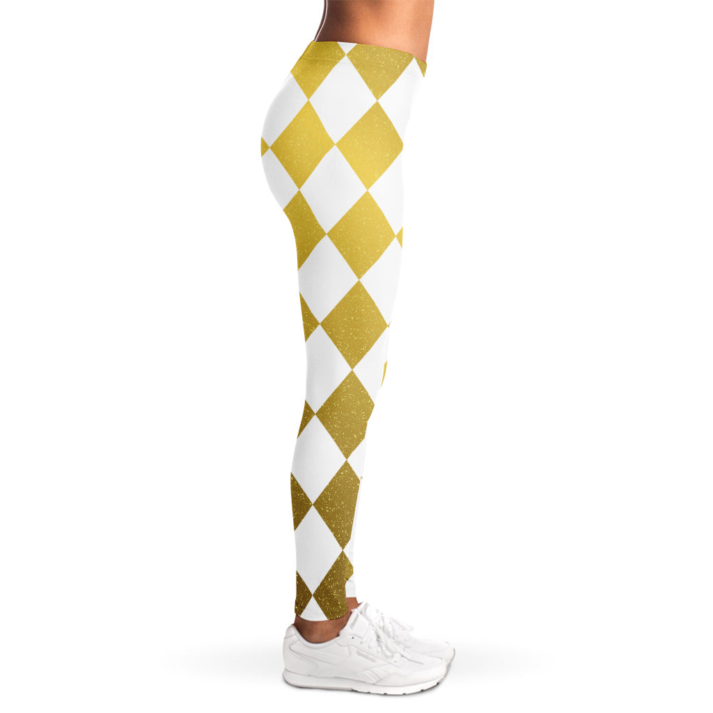 White And Gold Harlequin Pattern Print Women's Leggings