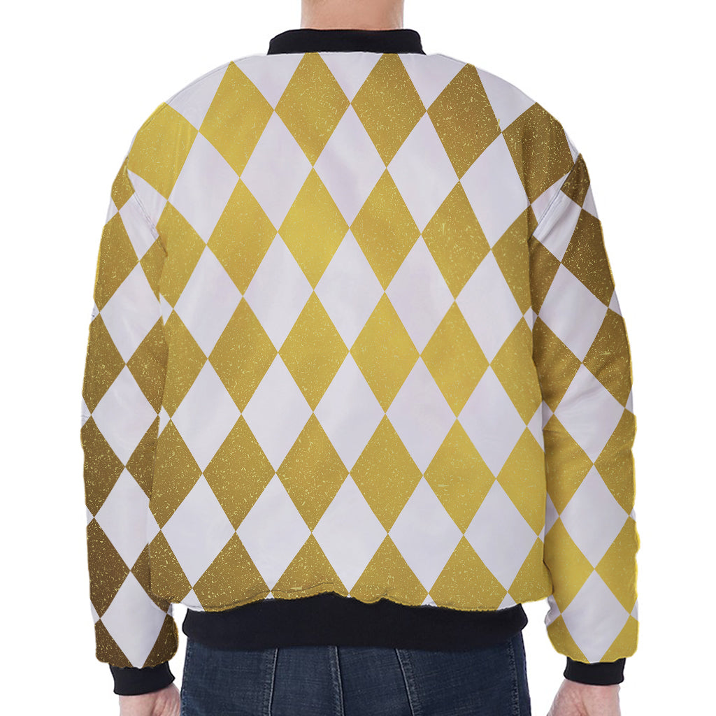 White And Gold Harlequin Pattern Print Zip Sleeve Bomber Jacket