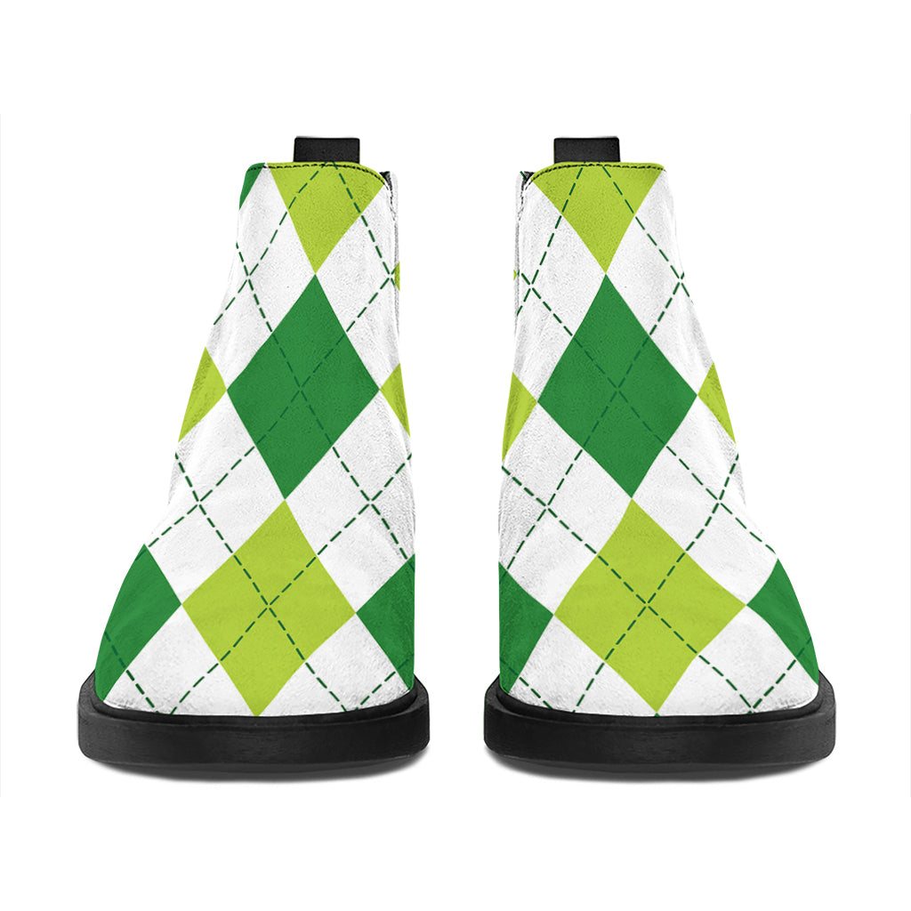 White And Green Argyle Pattern Print Flat Ankle Boots