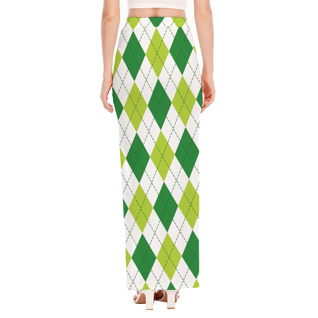 White And Green Argyle Pattern Print High Slit Maxi Skirt