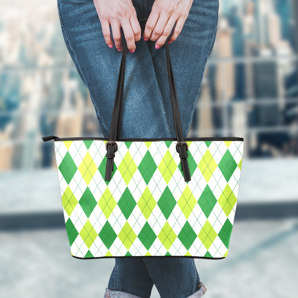 White And Green Argyle Pattern Print Leather Tote Bag