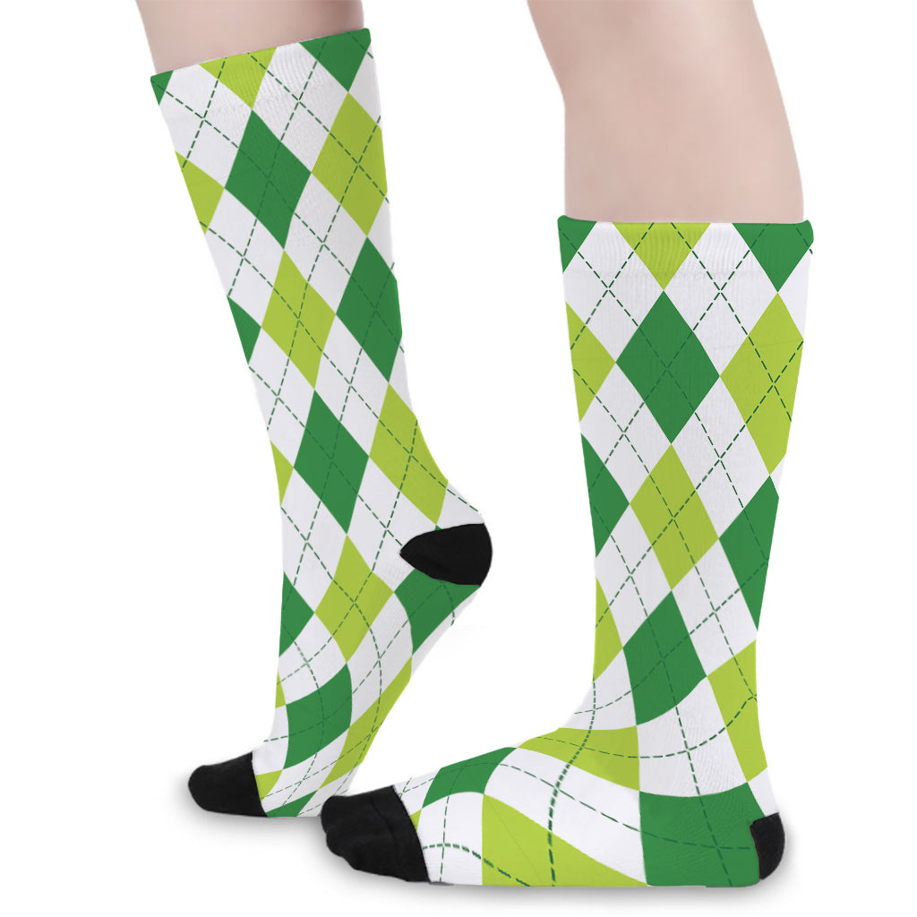 White And Green Argyle Pattern Print Long Socks