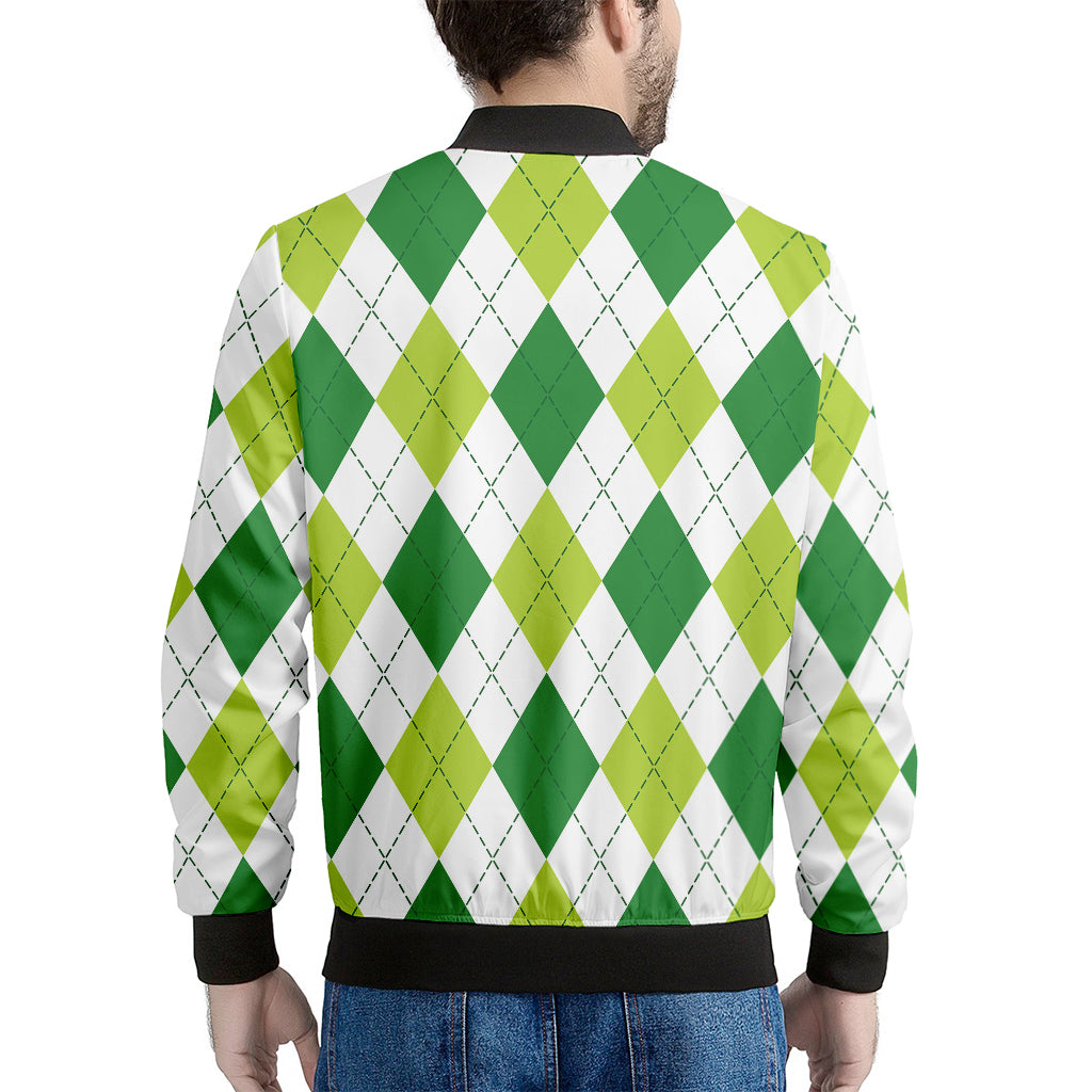White And Green Argyle Pattern Print Men's Bomber Jacket