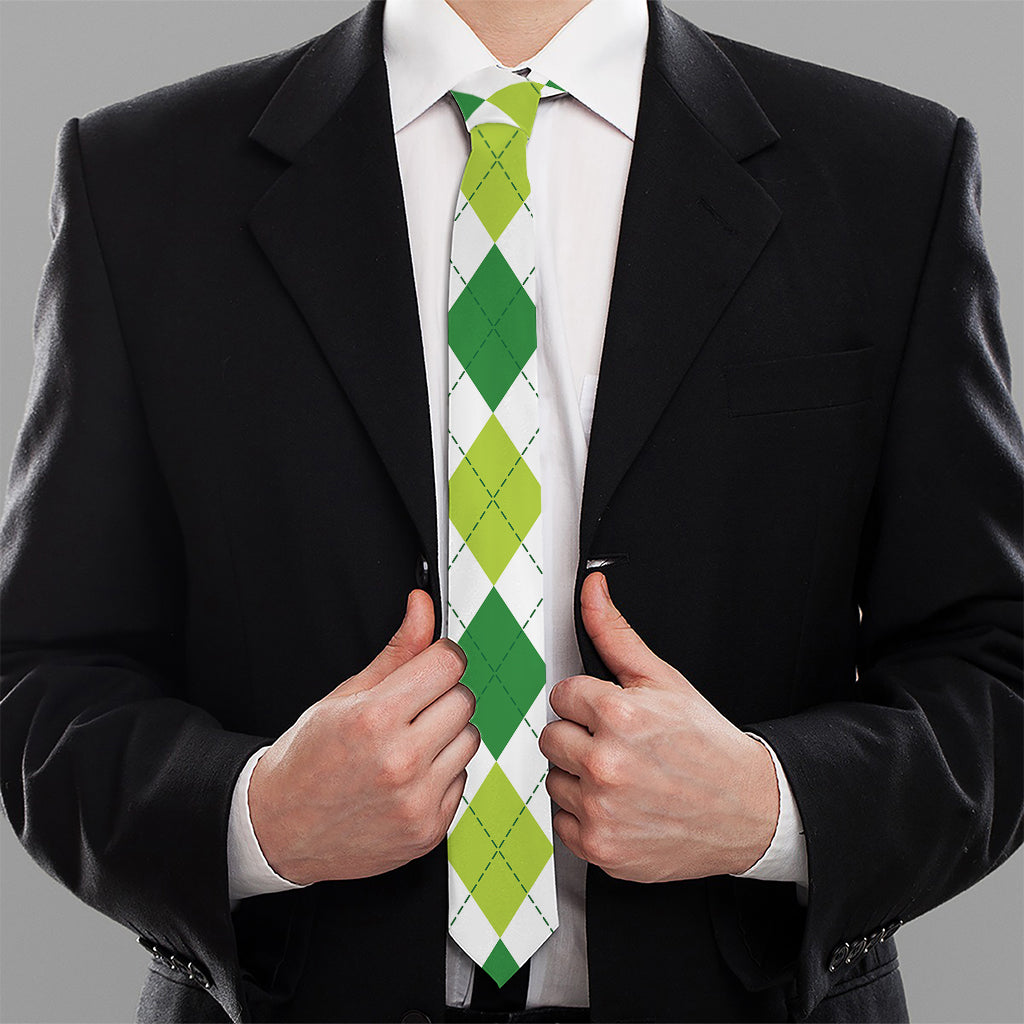 White And Green Argyle Pattern Print Necktie