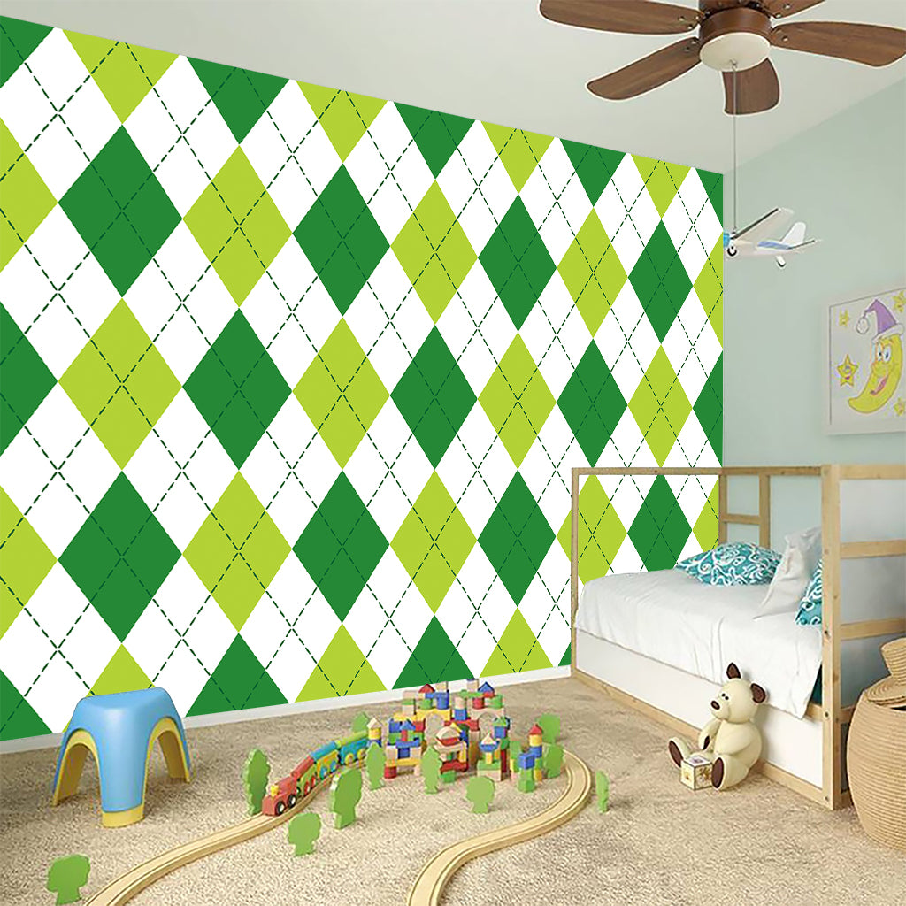 White And Green Argyle Pattern Print Wall Sticker