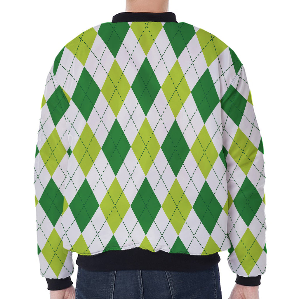 White And Green Argyle Pattern Print Zip Sleeve Bomber Jacket