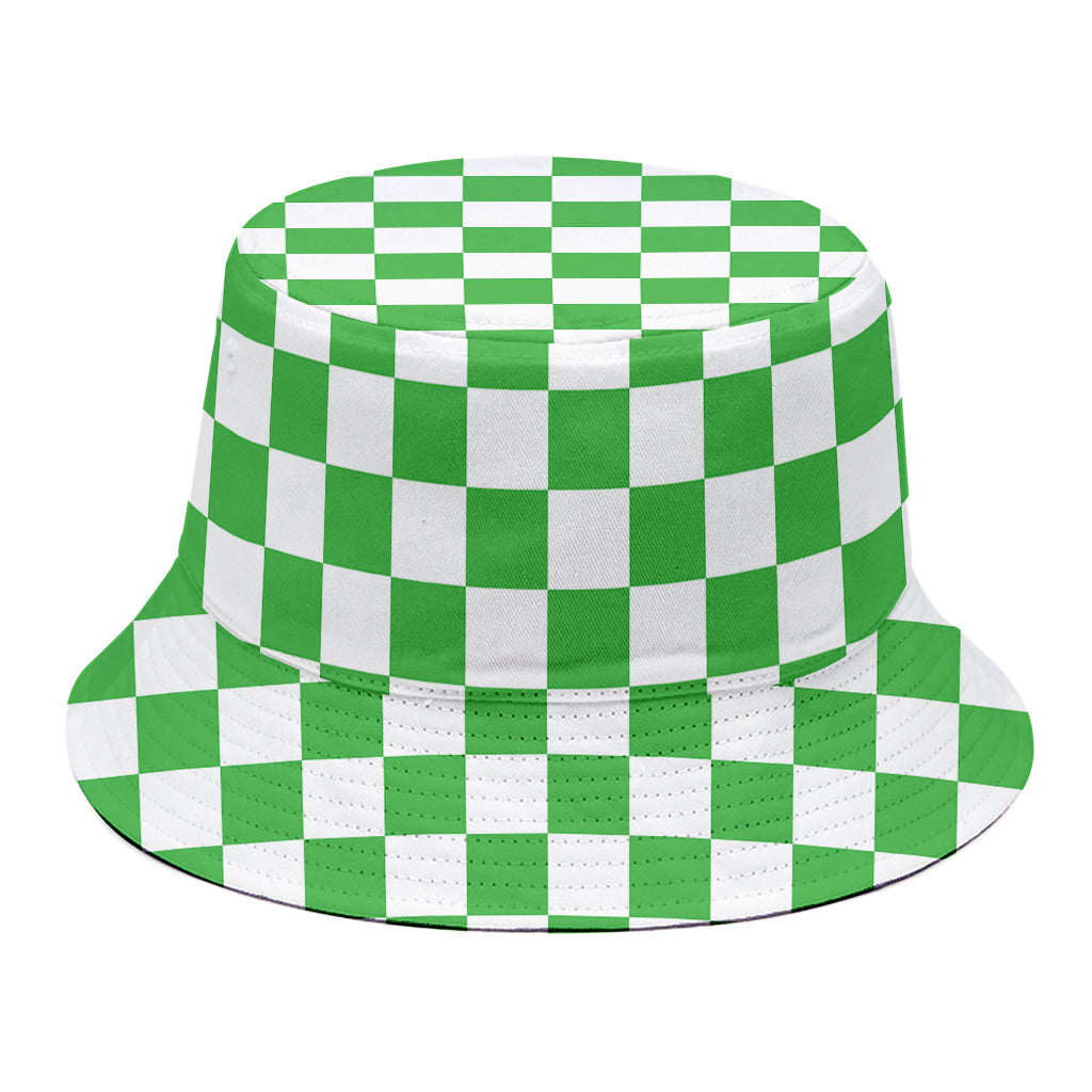 White And Green Checkered Print Bucket Hat