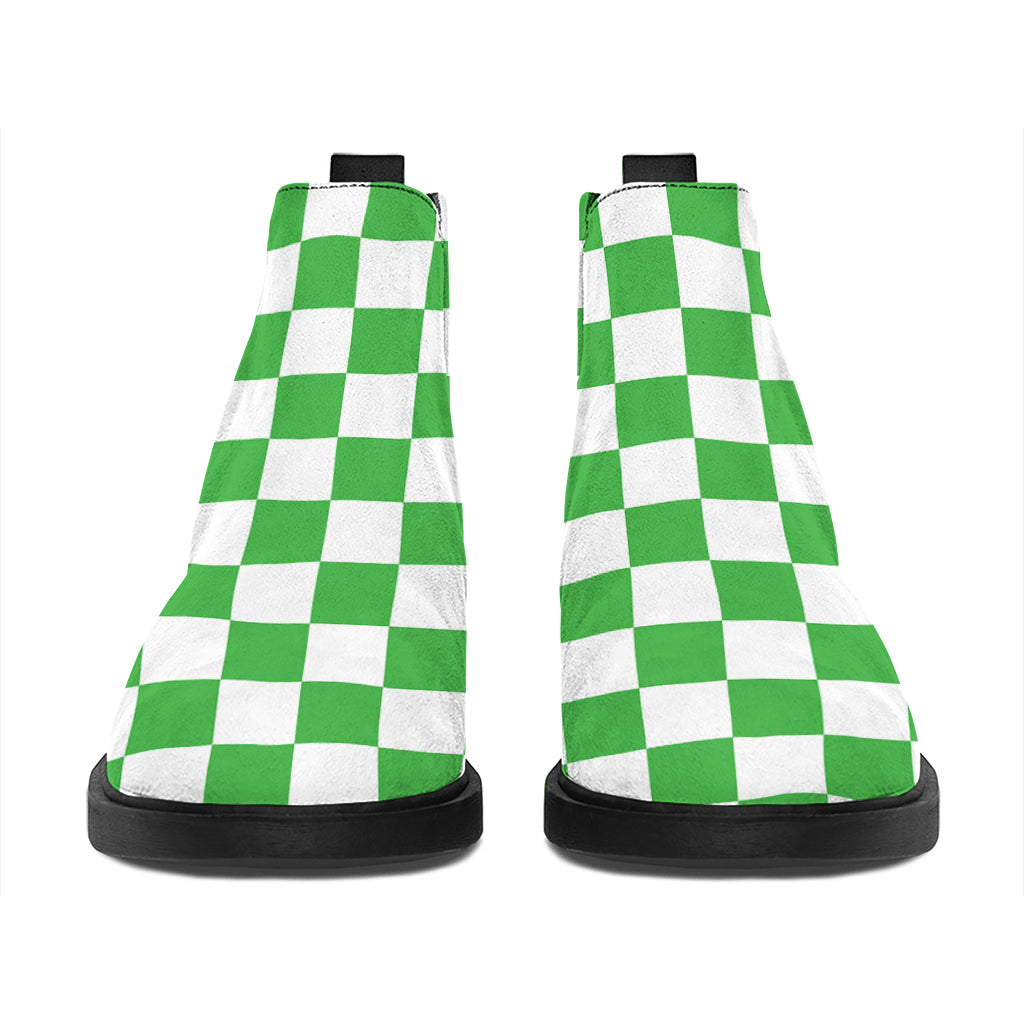 White And Green Checkered Print Flat Ankle Boots