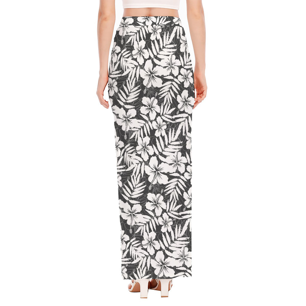 White And Grey Hawaiian Pattern Print High Slit Maxi Skirt