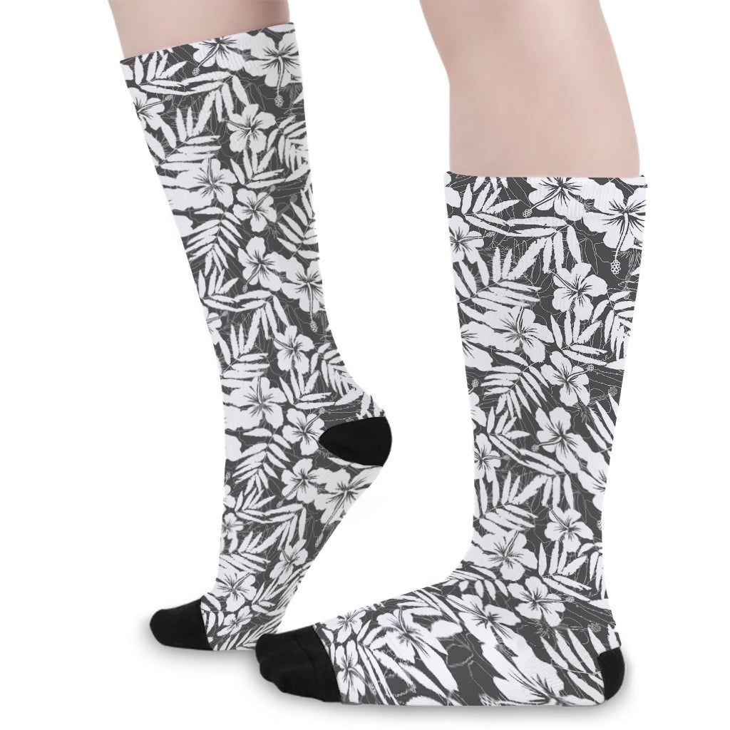 White And Grey Hawaiian Pattern Print Long Socks