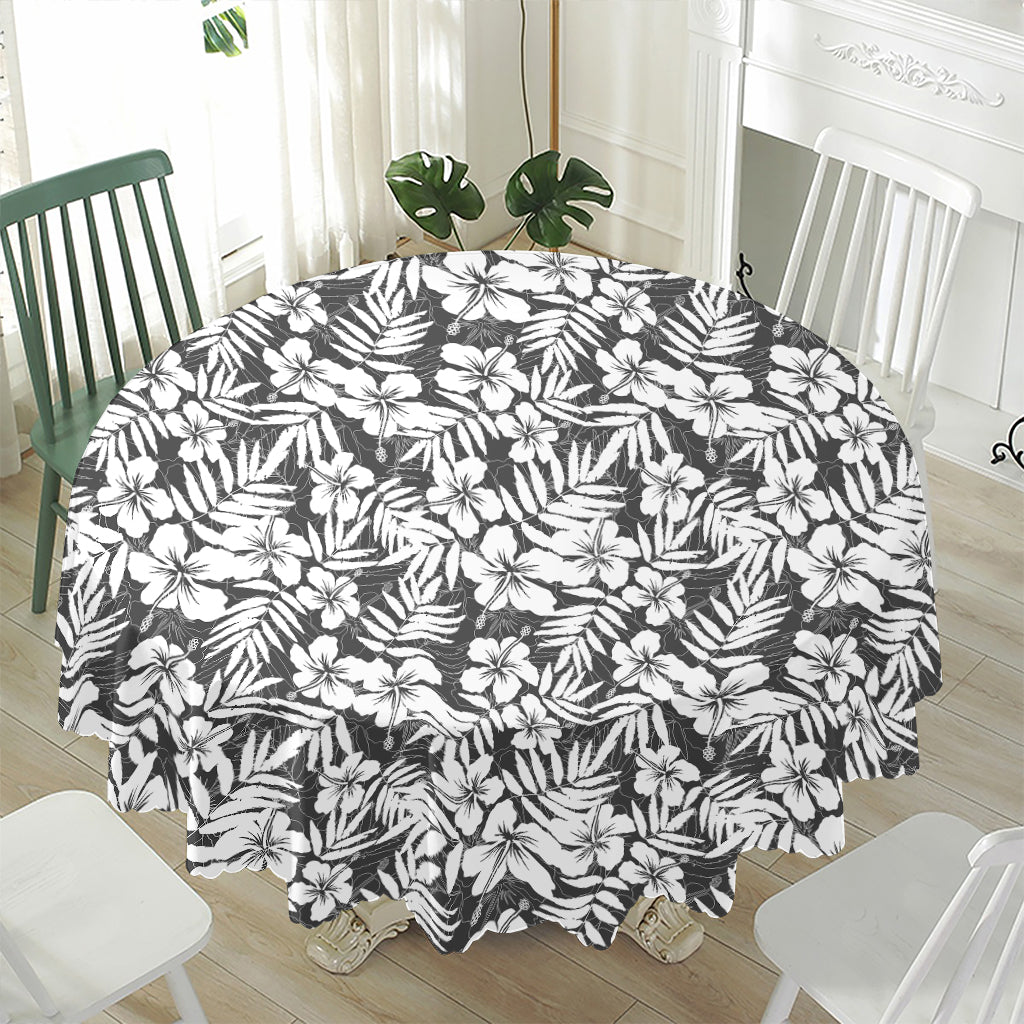White And Grey Hawaiian Pattern Print Waterproof Round Tablecloth