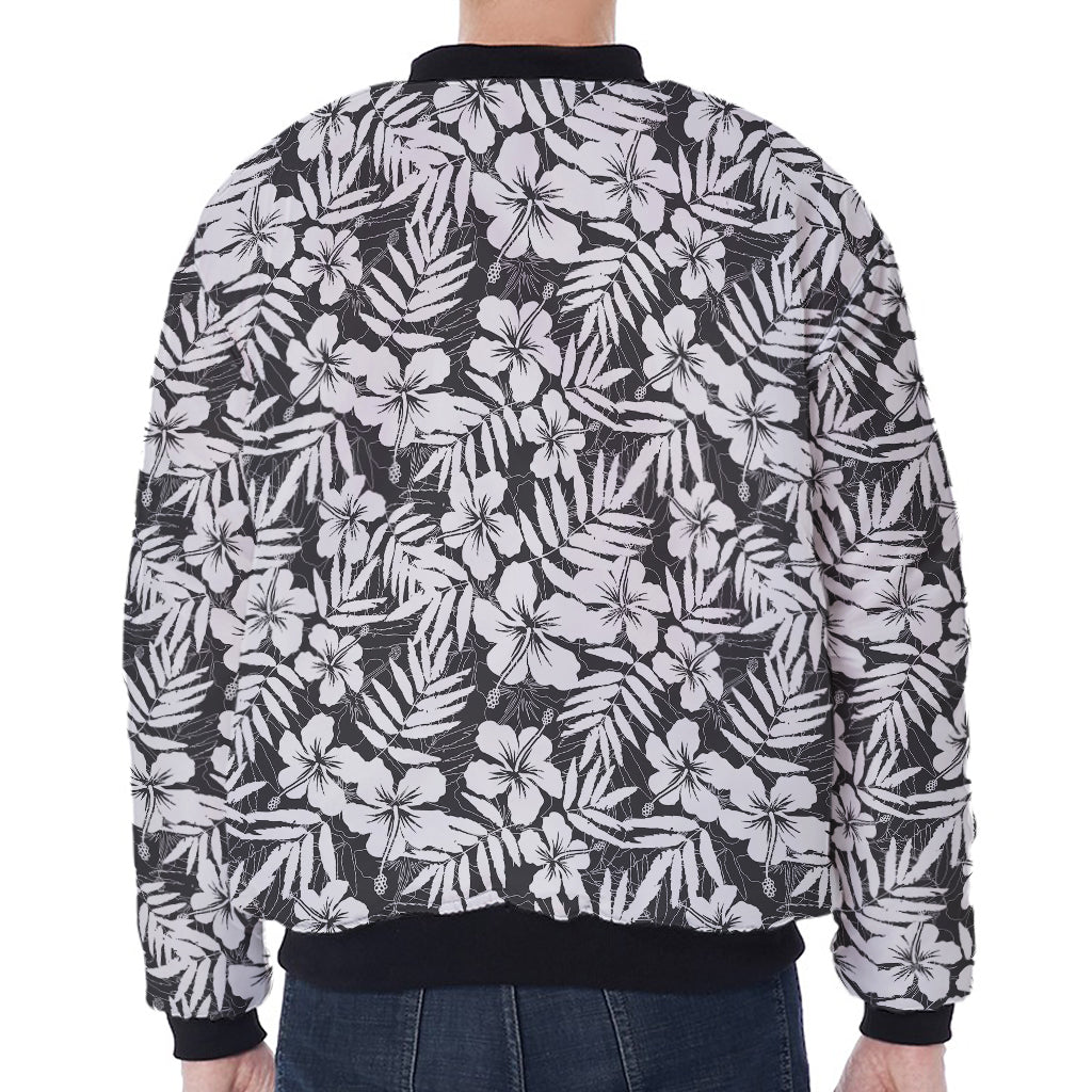 White And Grey Hawaiian Pattern Print Zip Sleeve Bomber Jacket